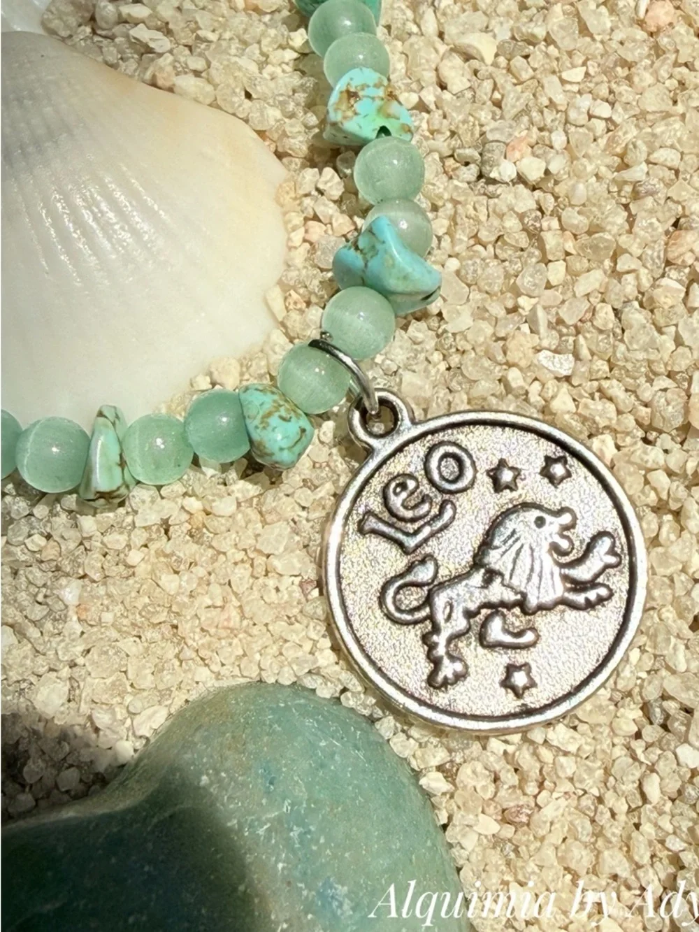 Aventurine Mint-Turquoise Beaded Bracelet with Leo Charm